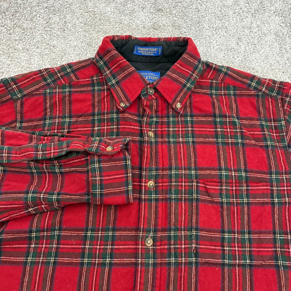 Pendleton Fireside Shirt Mens Medium Wool Stewart Tartan Plaid Christmas Red
